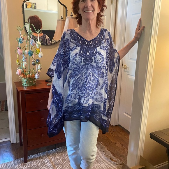 Chico's Blue and White Poncho Pullover Top Tunic with Paisley Design - Picture 4 of 4